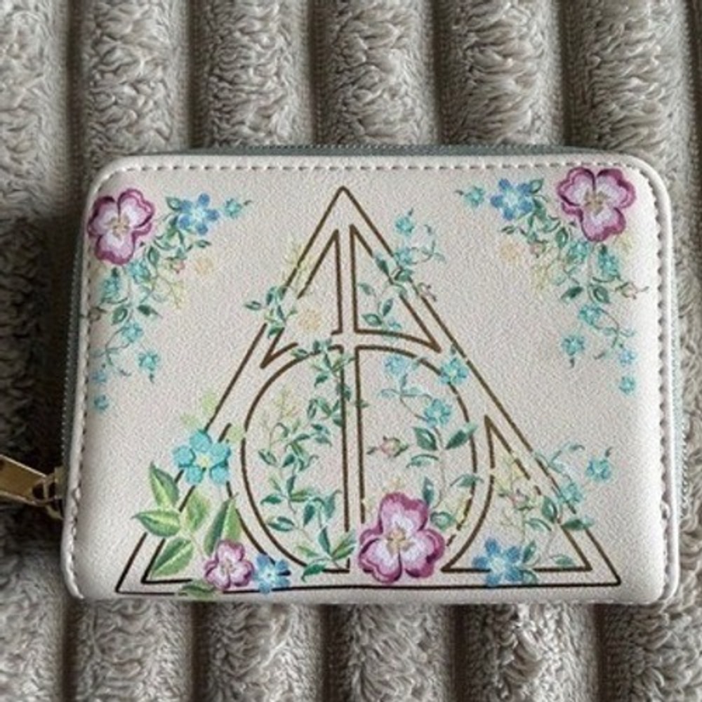 Loungefly Harry Potter Deathly Hallows Floral Zip Around Wallet Cream Sage Green